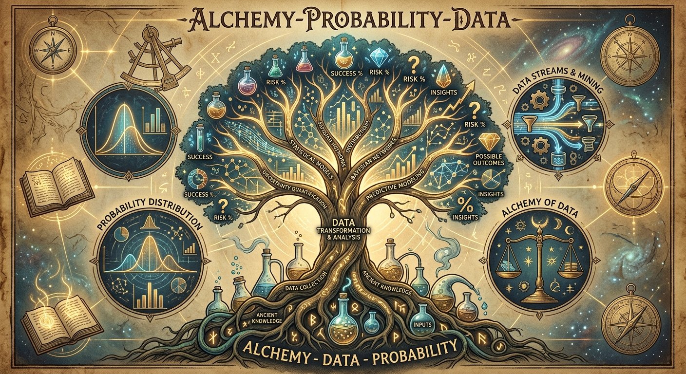Wide version of the same 'Alchemy-Probability-Data' illustrated tree infographic