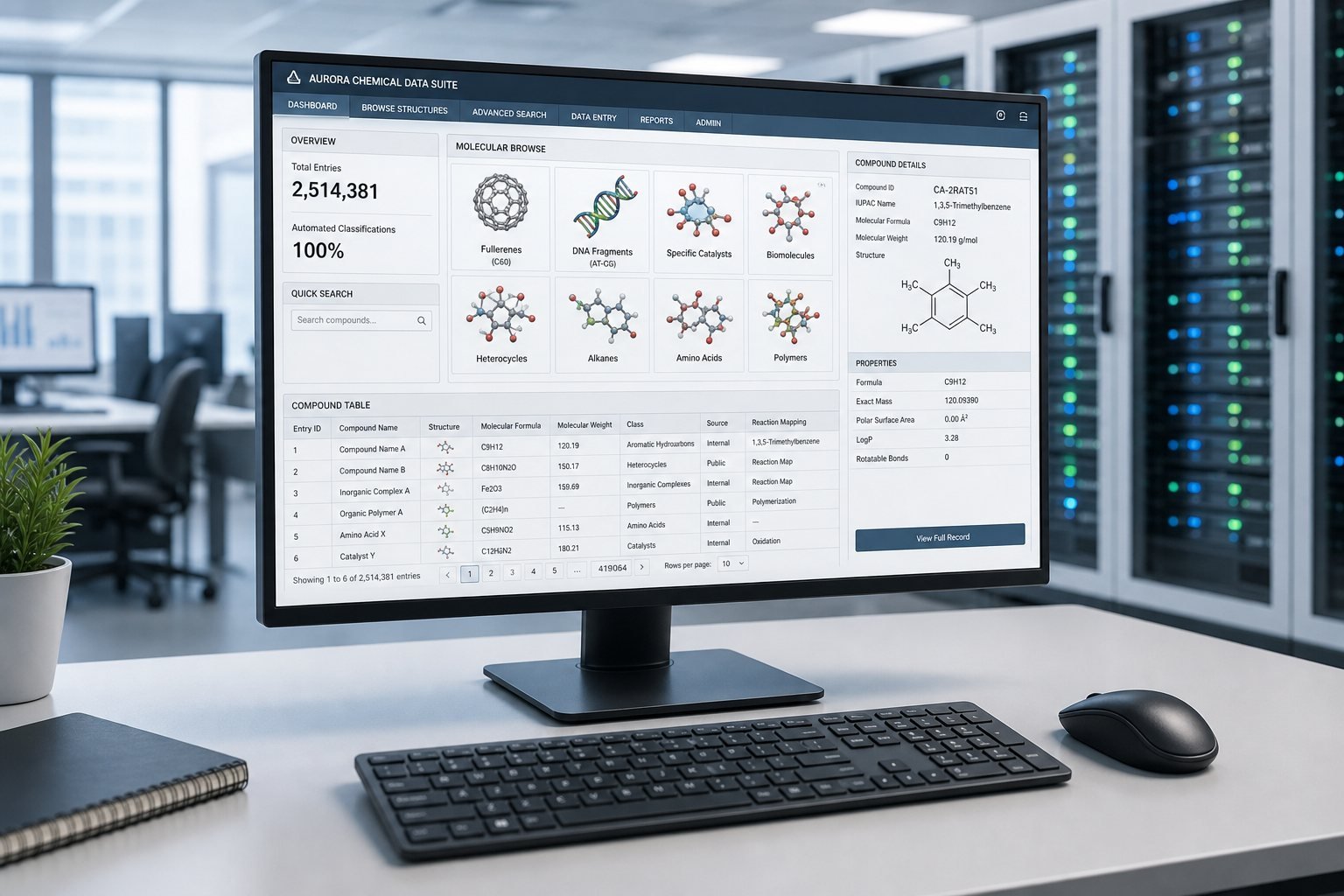 Desk monitor running 'Aurora Chemical Data Suite' (molecule browser and compound table) in an office in front of server racks