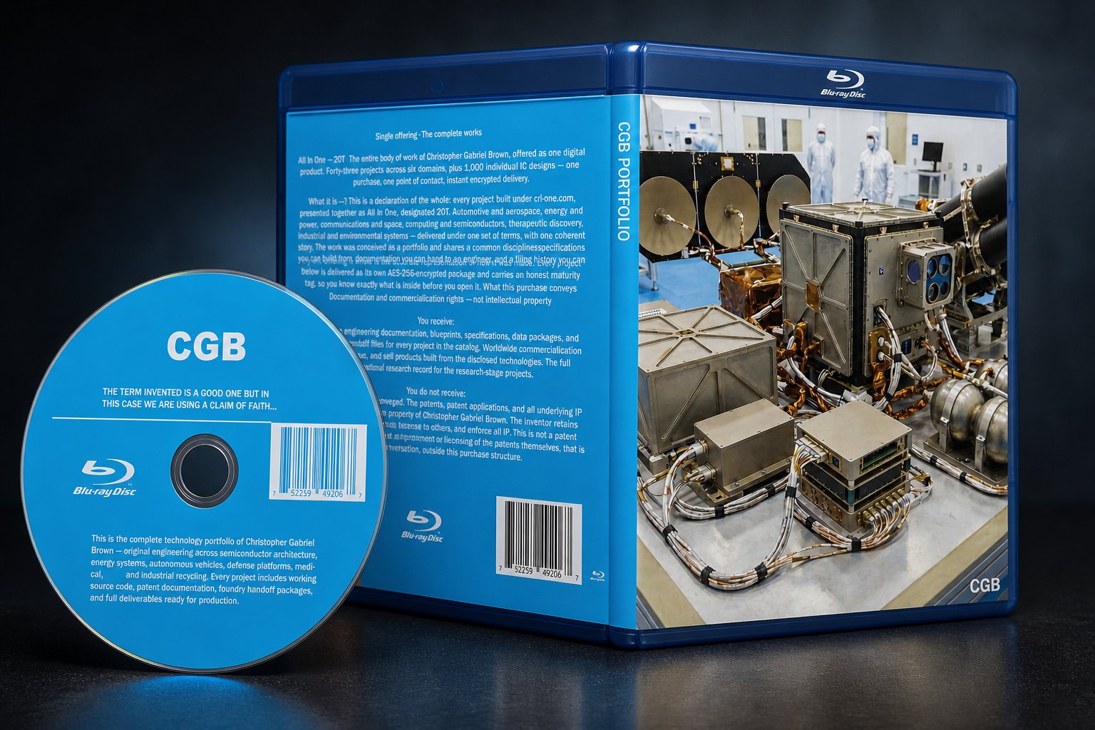 Blu-ray retail display: 'CGB PORTFOLIO' Blu-ray case (back cover describing All In One, cleanroom satellite-hardware front cover) with a blue 'CGB' disc leaning in front