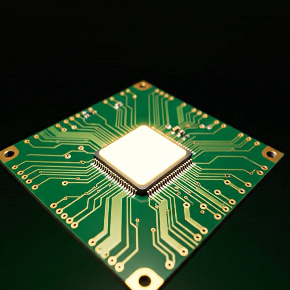 Green PCB with a glowing white central chip on black