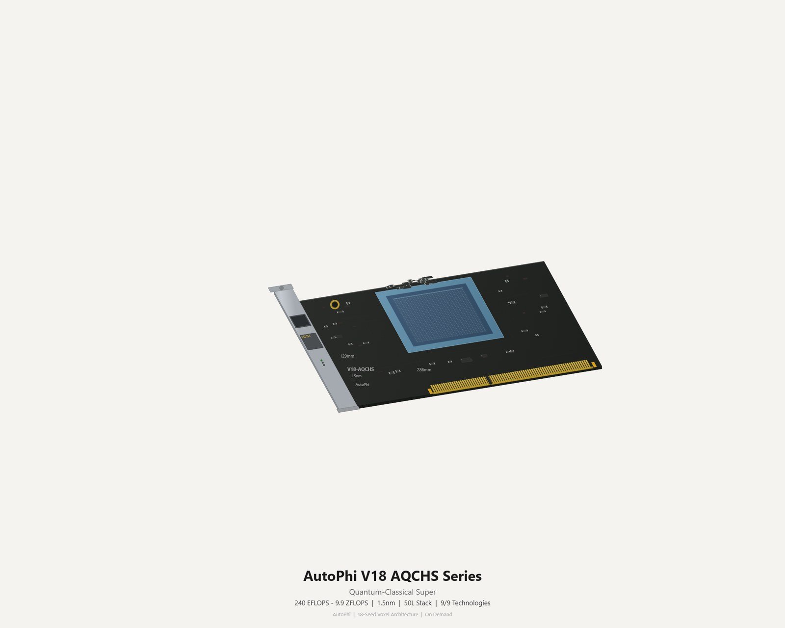 Render of a PCIe card captioned 'AutoPhi V18 AQCHS Series', 'Quantum-Classical Super' (printed '$2.8T' price removed 2026-10-08)