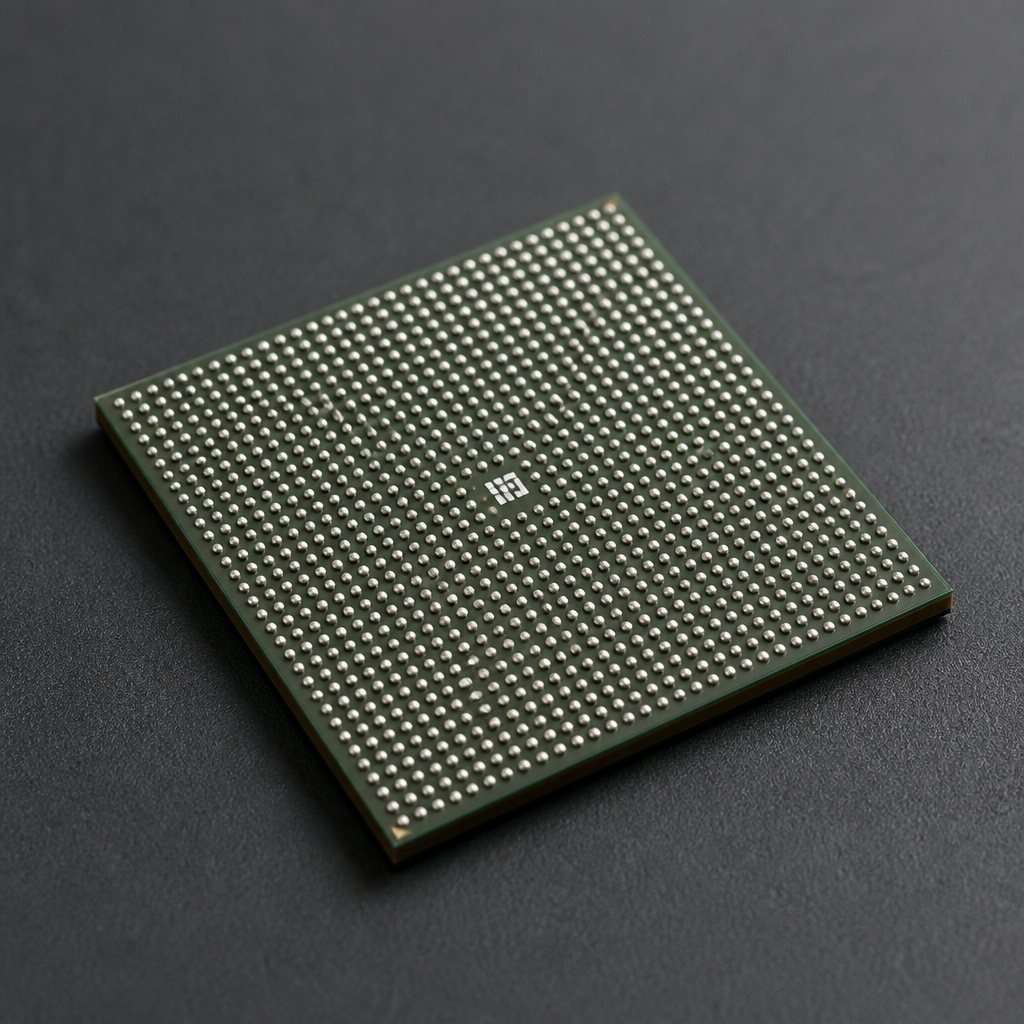 Angled close-up of a large BGA package ball grid on a dark surface