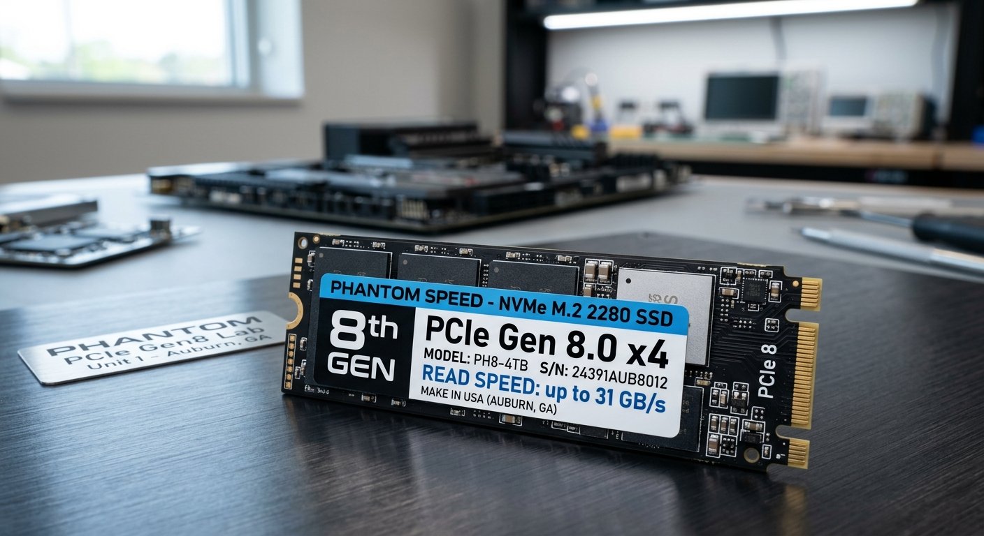 'PHANTOM SPEED' M.2 SSD labelled 'PCIe Gen 8.0 x4' on a dark lab bench, plus a steel plate reading 'PHANTOM PCIe Gen8 Lab / Unit 1 - Auburn, GA'