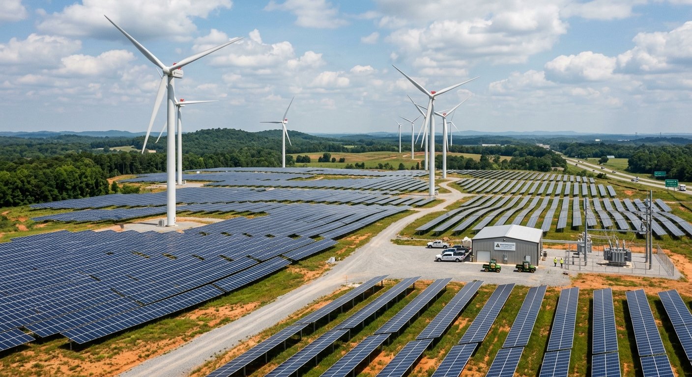 Aerial view of a solar farm with wind turbines, a grey operations building, pickup trucks and utility carts, workers in hi-vis