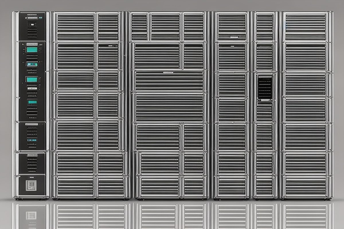Bank of chrome server cabinets on a grey studio floor