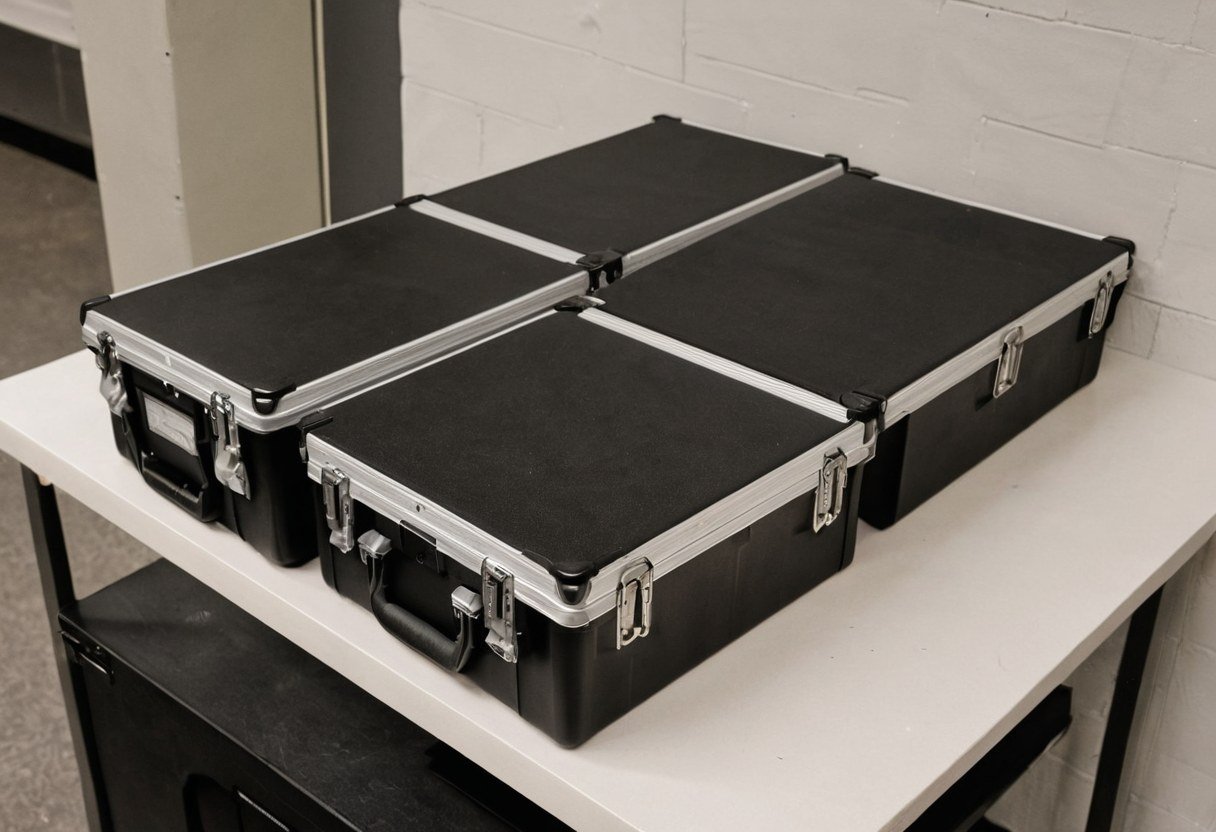 Four black aluminium-edged equipment cases on a white table