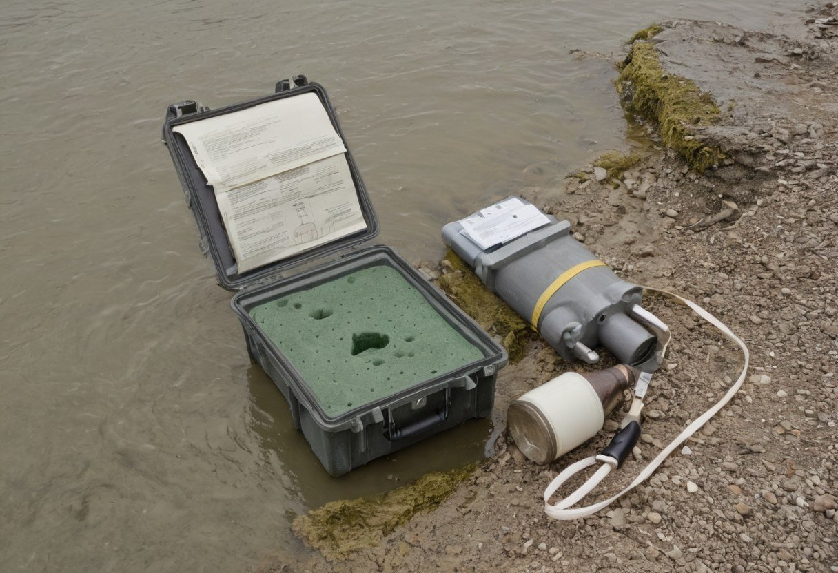 Environmental field kit at a river bank: open hard case with papers, a grey cylindrical sampler, a white canister and strap on gravel