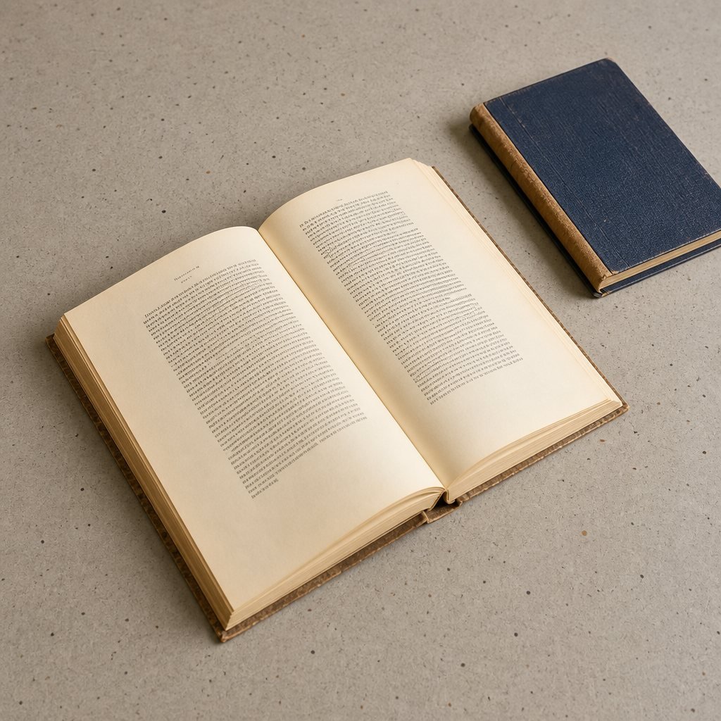 Open book with illegible text, closed blue book beside it