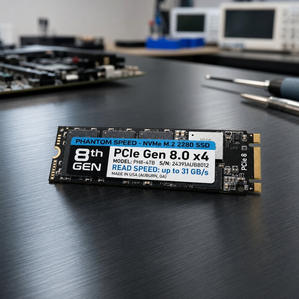M.2 2280 NVMe SSD with label 'PHANTOM SPEED ... 8th GEN PCIe Gen 8.0 x4, MODEL PH8-4TB, READ SPEED up to 31 GB/s'