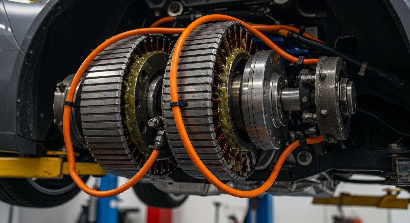 Twin electromagnetic torque-plate motor assembly with orange HV cables under a car on a lift