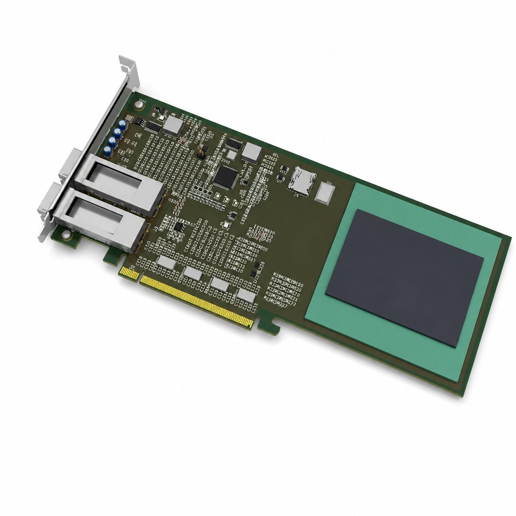 Rendered PCIe x16 accelerator card with two QSFP cages and a large green-and-black package, on white