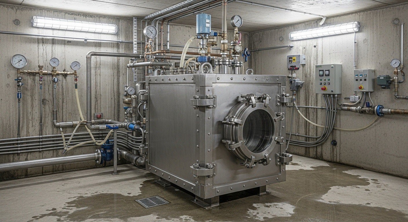 Compact stainless microwave chamber with porthole in a concrete room full of pipes and gauges