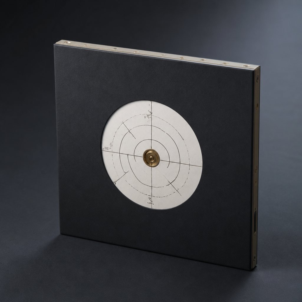 Square dark panel with a white engraved dial disc and brass center, standing on a dark background