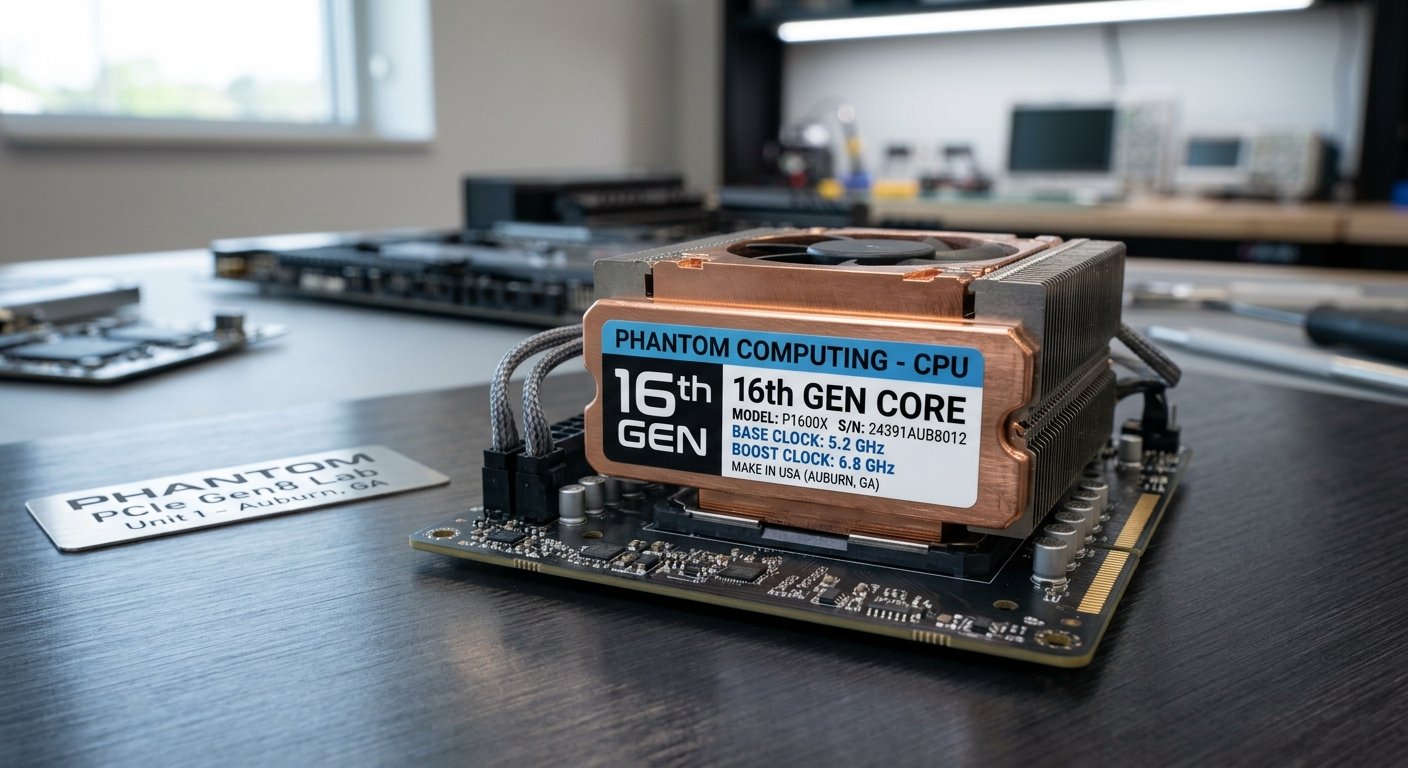 "Phantom Computing CPU": copper-heatsinked CPU module labelled 'PHANTOM COMPUTING - CPU / 16th GEN CORE' on a board in a lab, with a 'PHANTOM PCIe Gen8 Lab' desk plaque