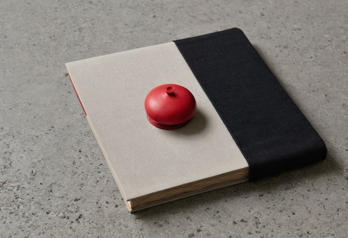 Red dome push-button resting on a grey-and-black cloth-bound book on concrete
