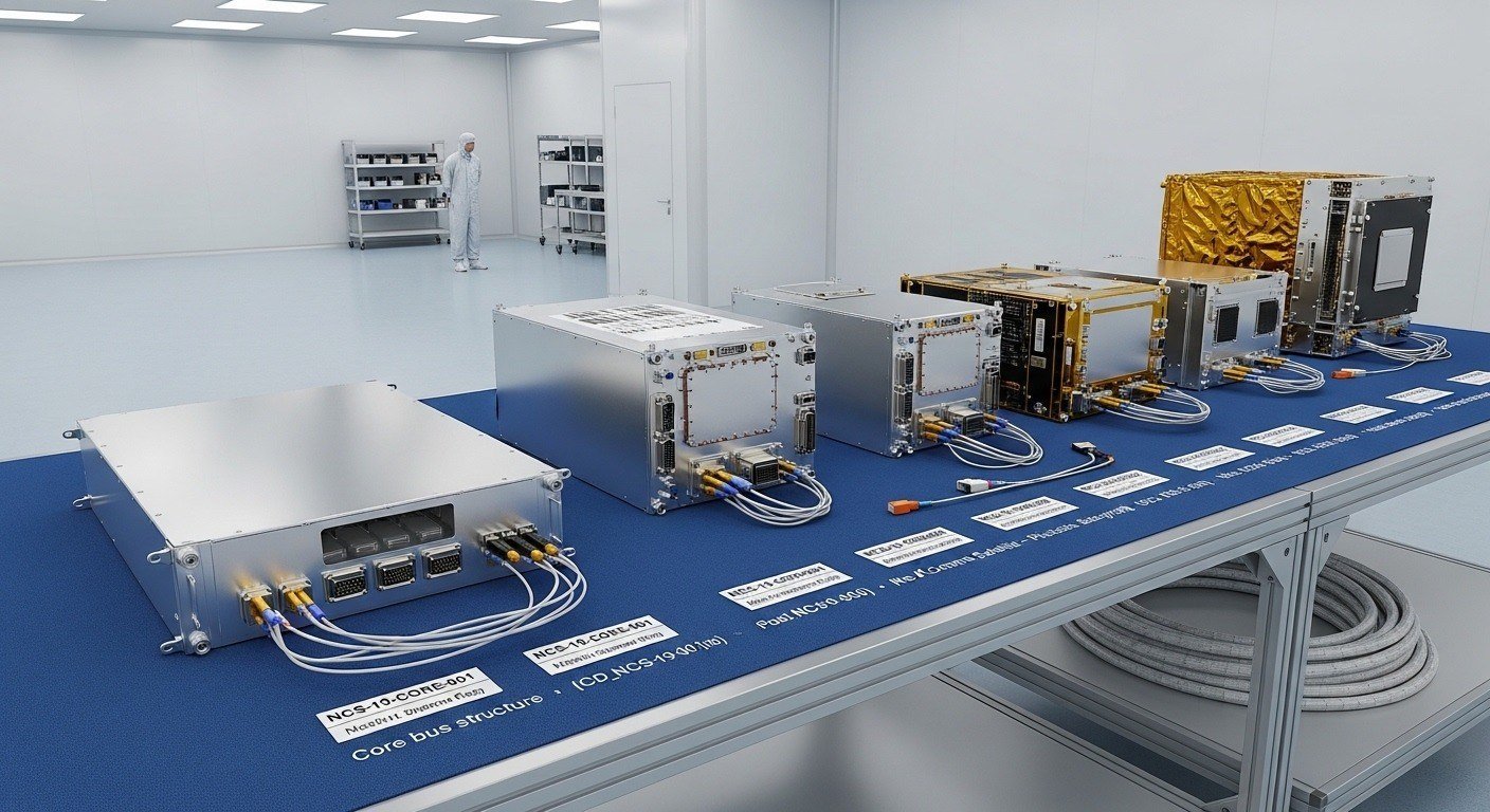 Row of satellite subsystem modules on a blue cleanroom bench, labelled NCS-19-CORE-001 etc.