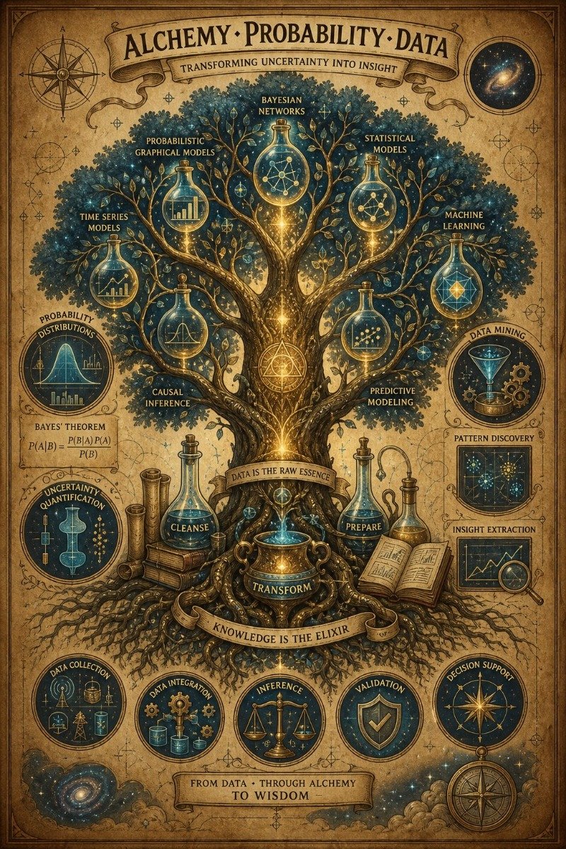 Illustrated parchment poster 'Alchemy · Probability · Data': a tree of data-science concepts with flasks