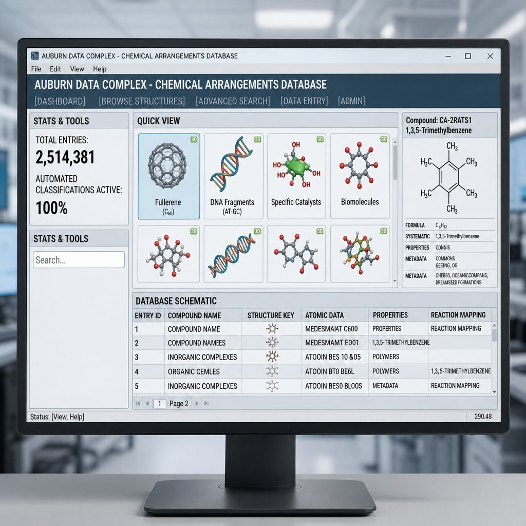 Monitor showing a chemical database app ('Auburn Data Complex - Chemical Arrangements Database') with molecules and a compound table