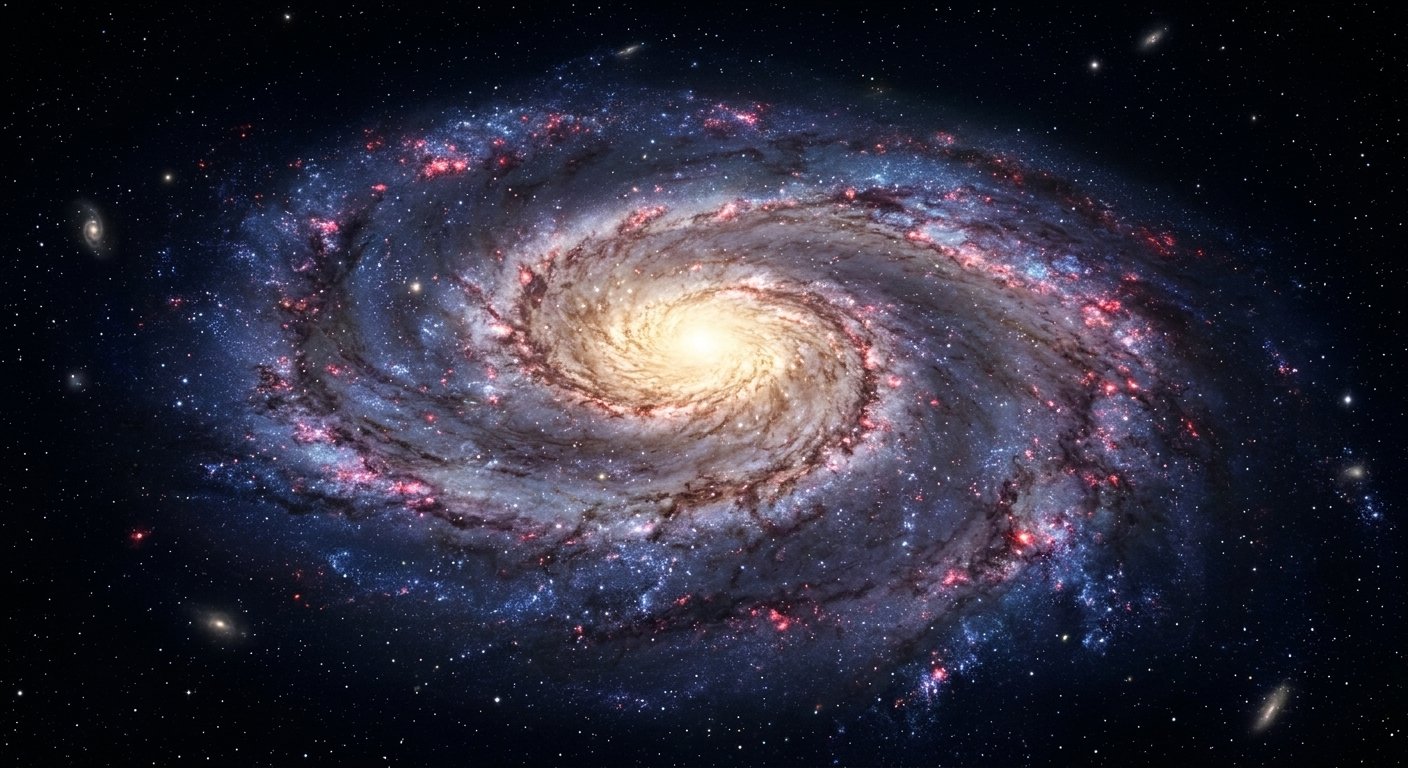 Spiral galaxy with a bright golden core and blue and pink star-forming arms on a starfield