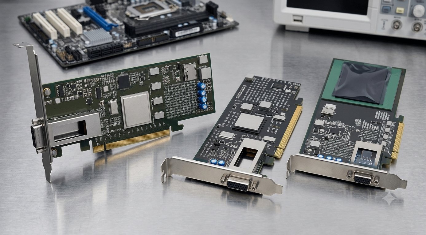 Three PCIe cards on a brushed-steel bench, with a motherboard and oscilloscope behind