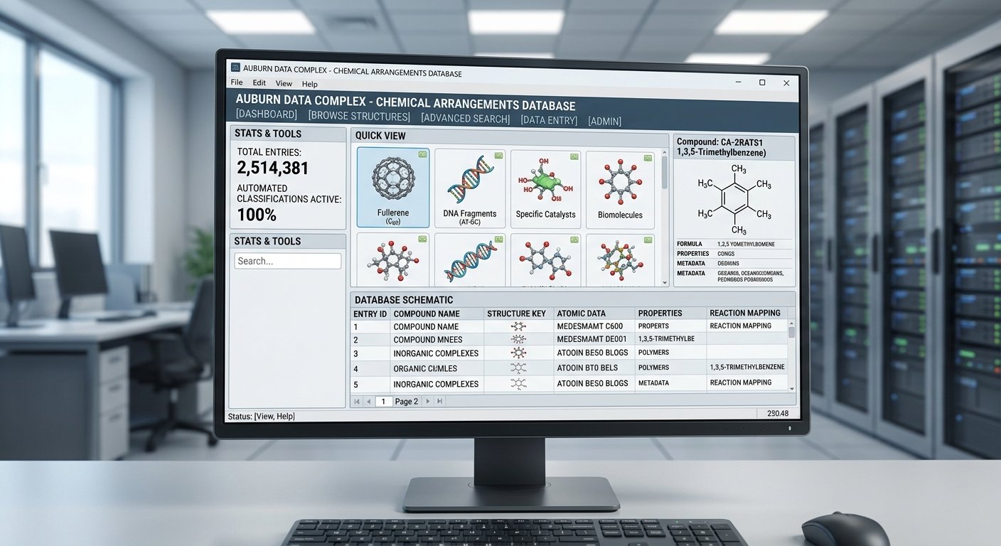 Desktop monitor in a server room showing a 'Chemical Arrangements Database' app (molecules, DNA, compound table)