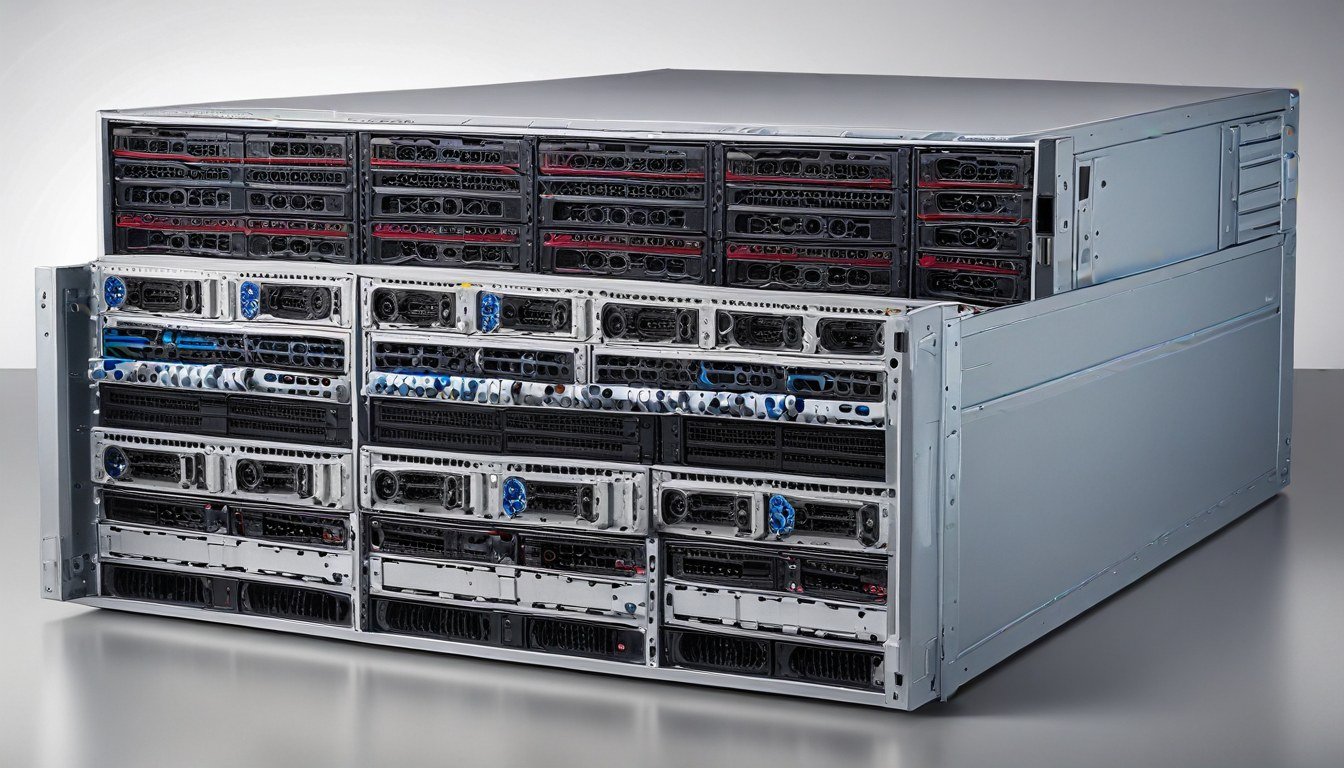 Server chassis with stacked drive/blade bays on a grey surface