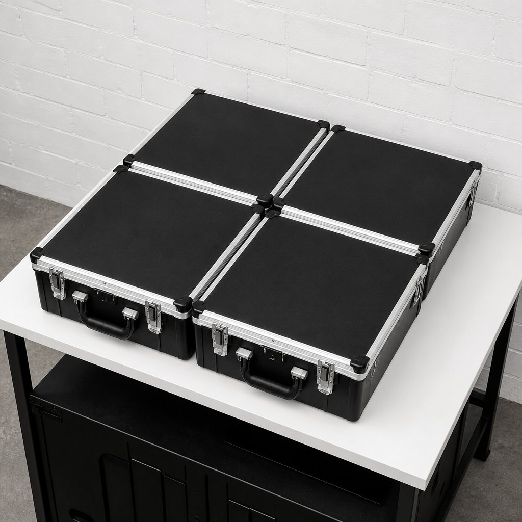 Four black aluminium-edged flight cases arranged in a square on a white table against a white brick wall