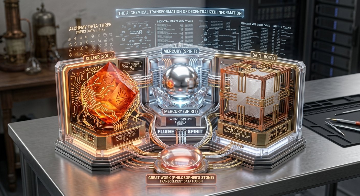 Wide version of the same alchemical Sulfur/Mercury/Salt 'decentralized information' display