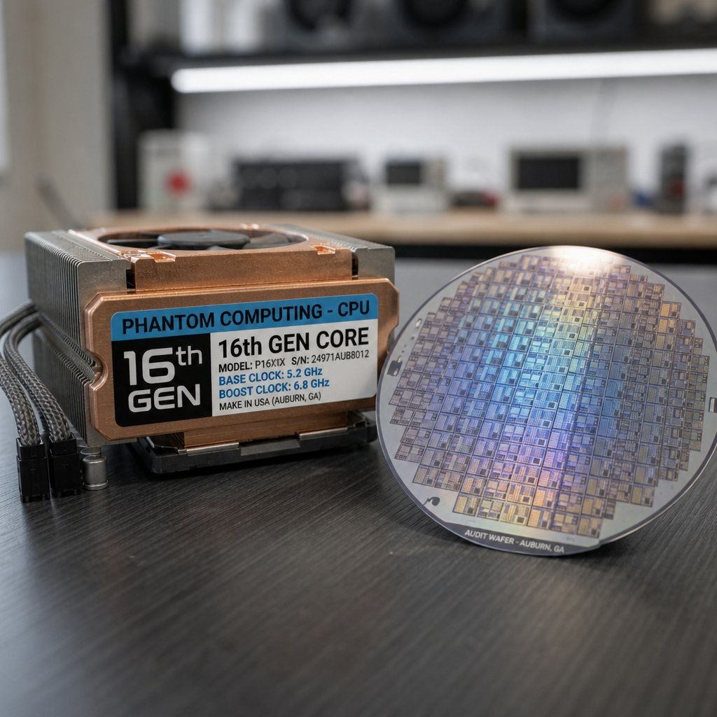 CPU cooler labelled 'PHANTOM COMPUTING - CPU, 16th GEN CORE' beside a silicon wafer