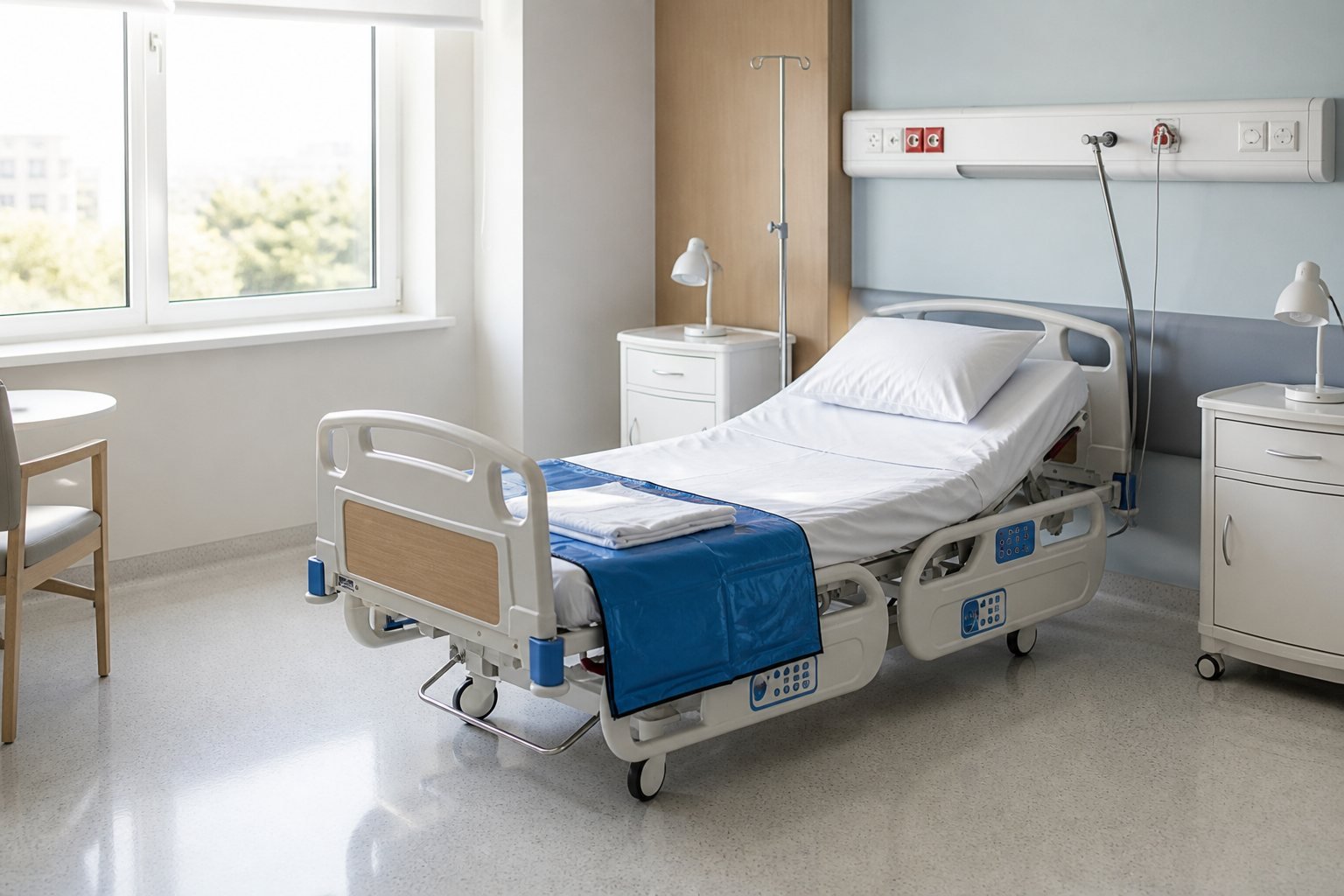 Empty, bright hospital room with an adjustable bed, IV pole, bedside tables and window