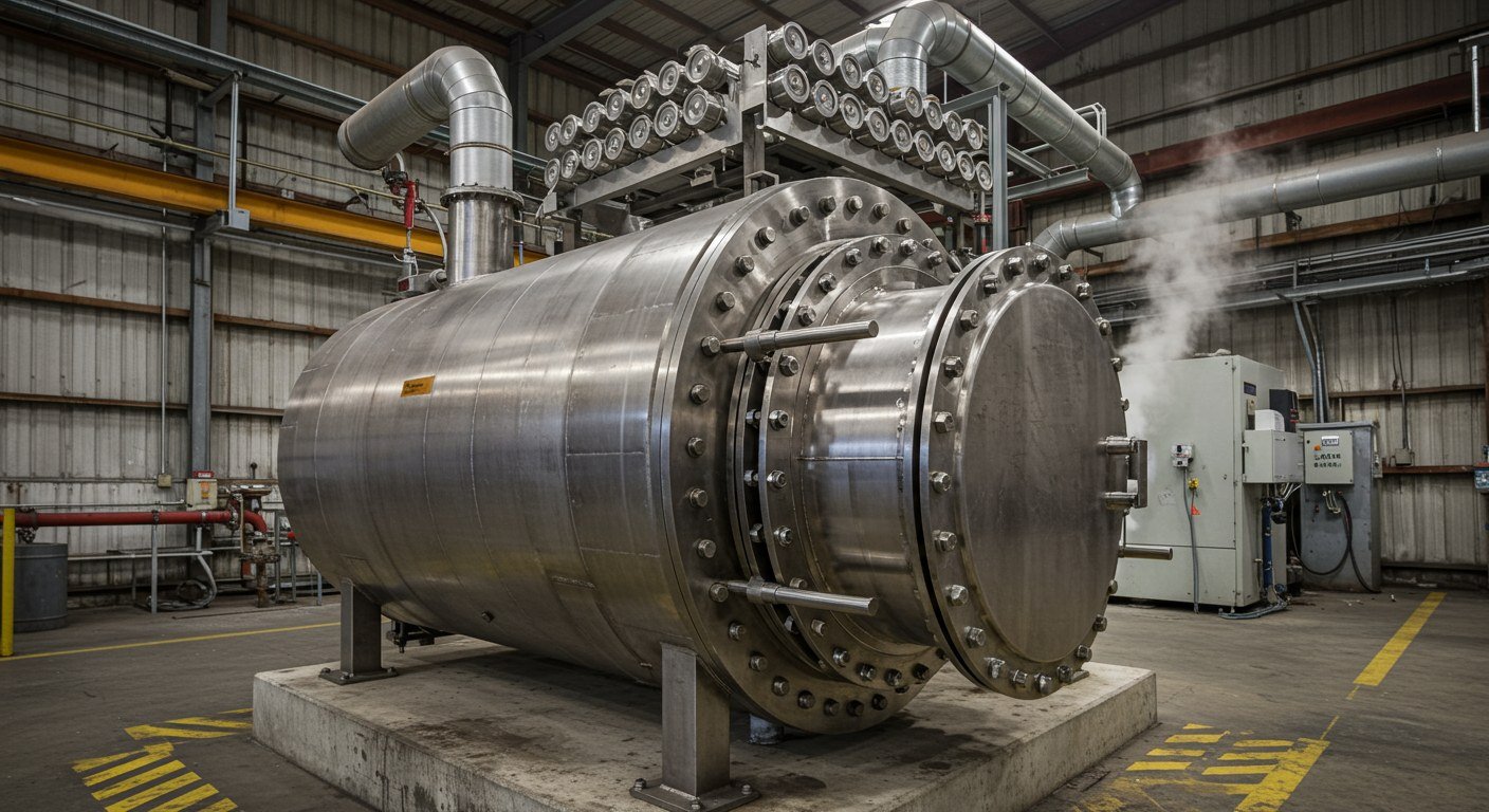 Large stainless pressure vessel with steam in an industrial hall