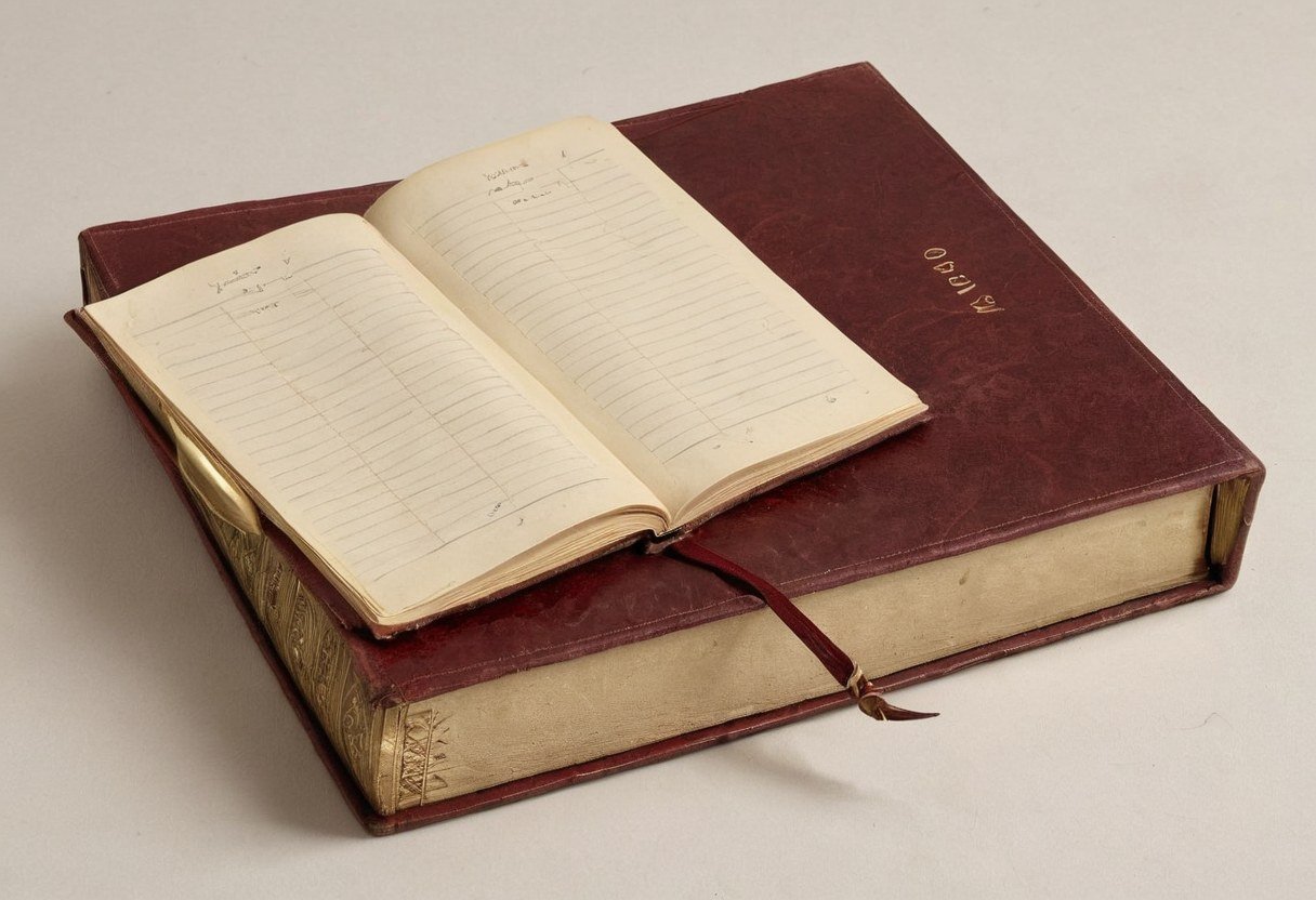 Open ruled notebook with faint handwritten headings lying on a red leather-bound ledger