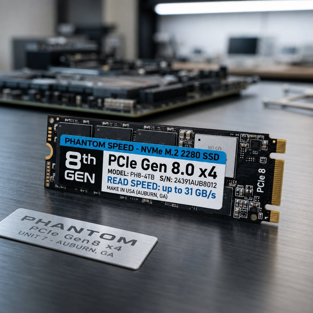 The same 'PHANTOM SPEED' PCIe Gen 8.0 M.2 SSD with a steel plate 'PHANTOM PCIe Gen8 x4 / UNIT 7 - AUBURN, GA'