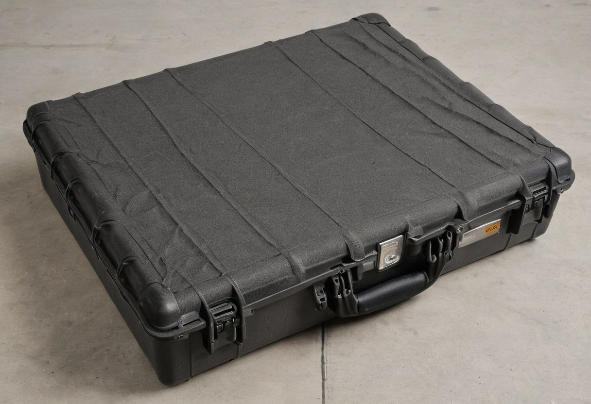 Single closed grey hard case on a concrete floor