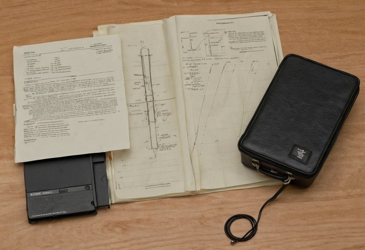 Old technical papers with a drawn probe, a black cartridge device and a black carrying case on a wood desk