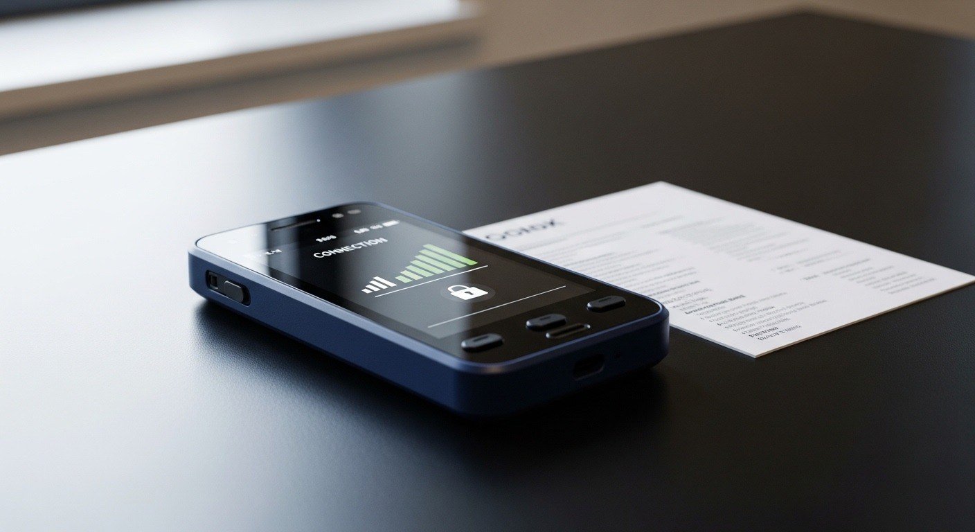 Slim dark phone showing 'CONNECTION' signal bars and a lock, with a spec sheet beside it
