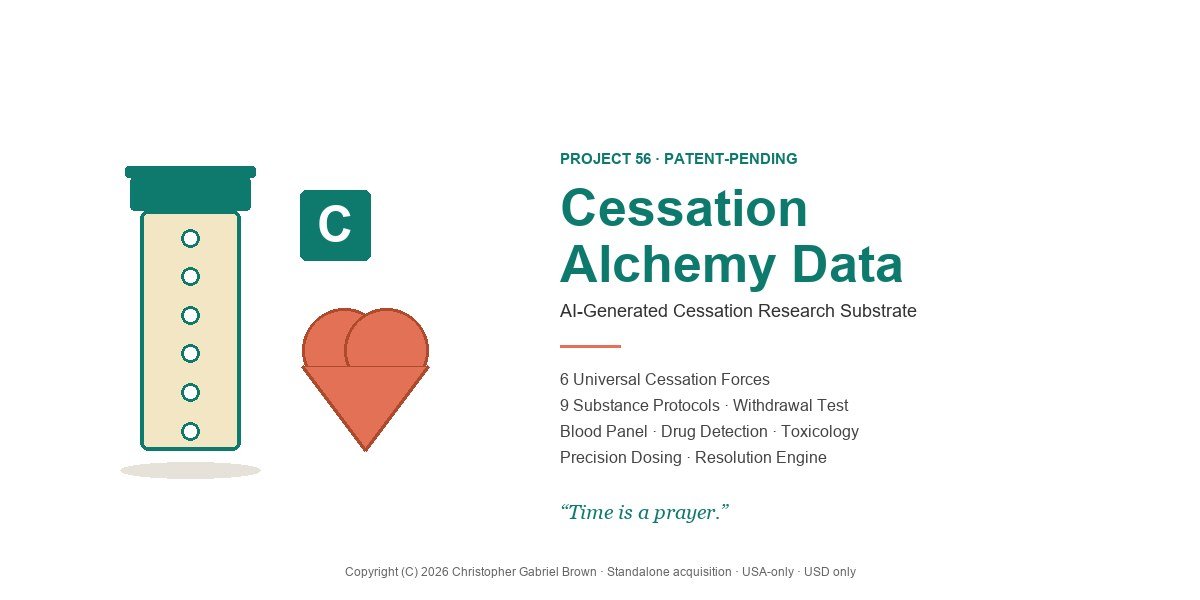 Card 'Cessation Alchemy Data - AI-Generated Cessation Research Substrate' with a vial and heart icon