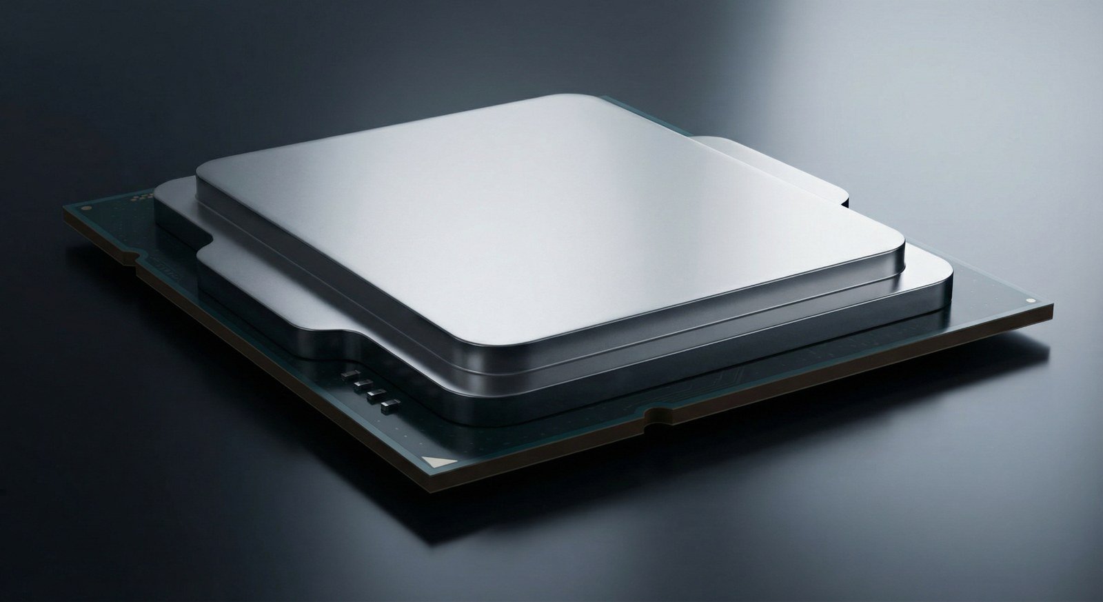 Desktop CPU with a metal heat spreader on a dark surface