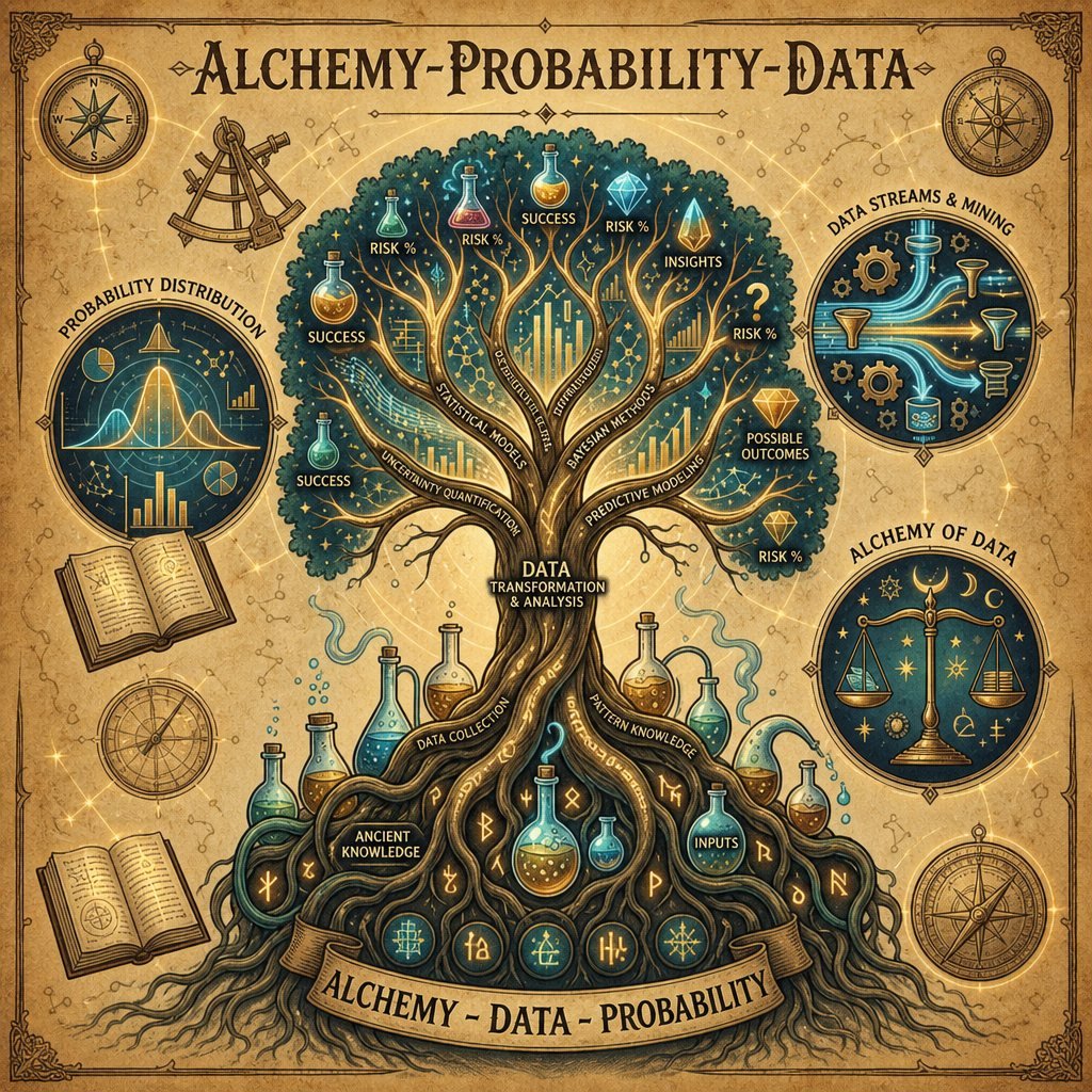 Parchment-style illustrated tree infographic titled 'Alchemy-Probability-Data' with flasks, charts and compasses