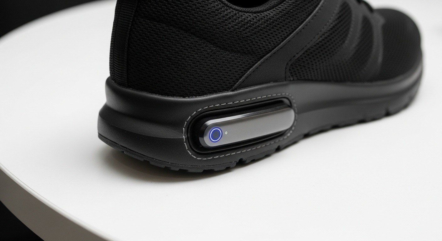 Black sneaker with a glowing heel sensor module