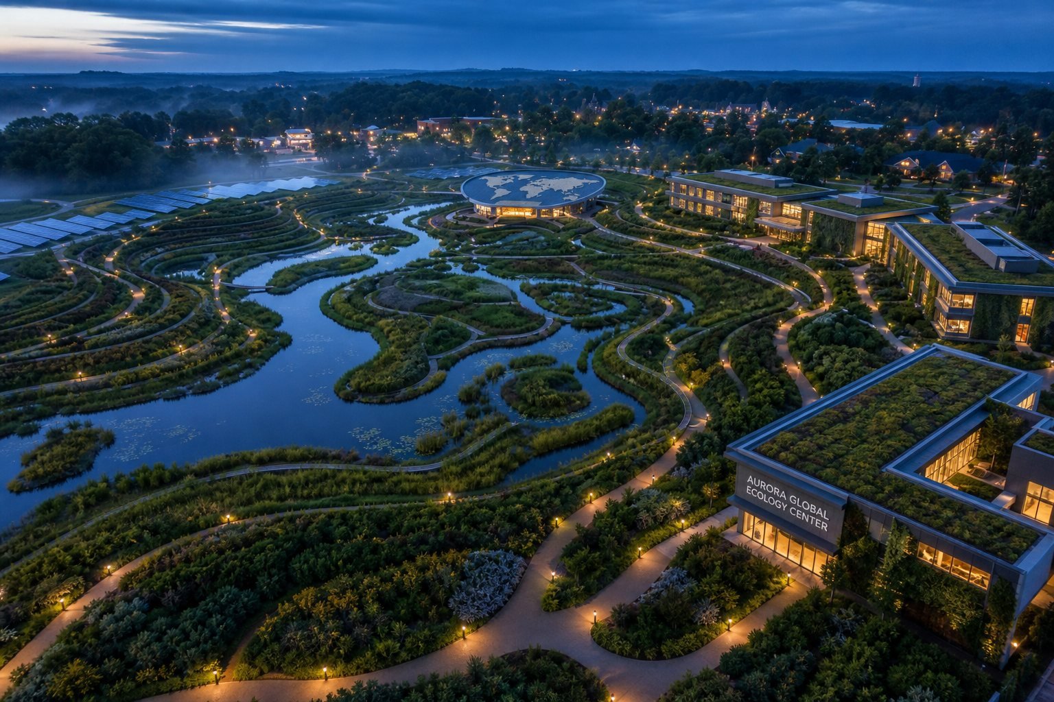 Dusk aerial view of a wetland landscape campus with lit paths, green-roof buildings and an 'Aurora Global Ecology Center' sign