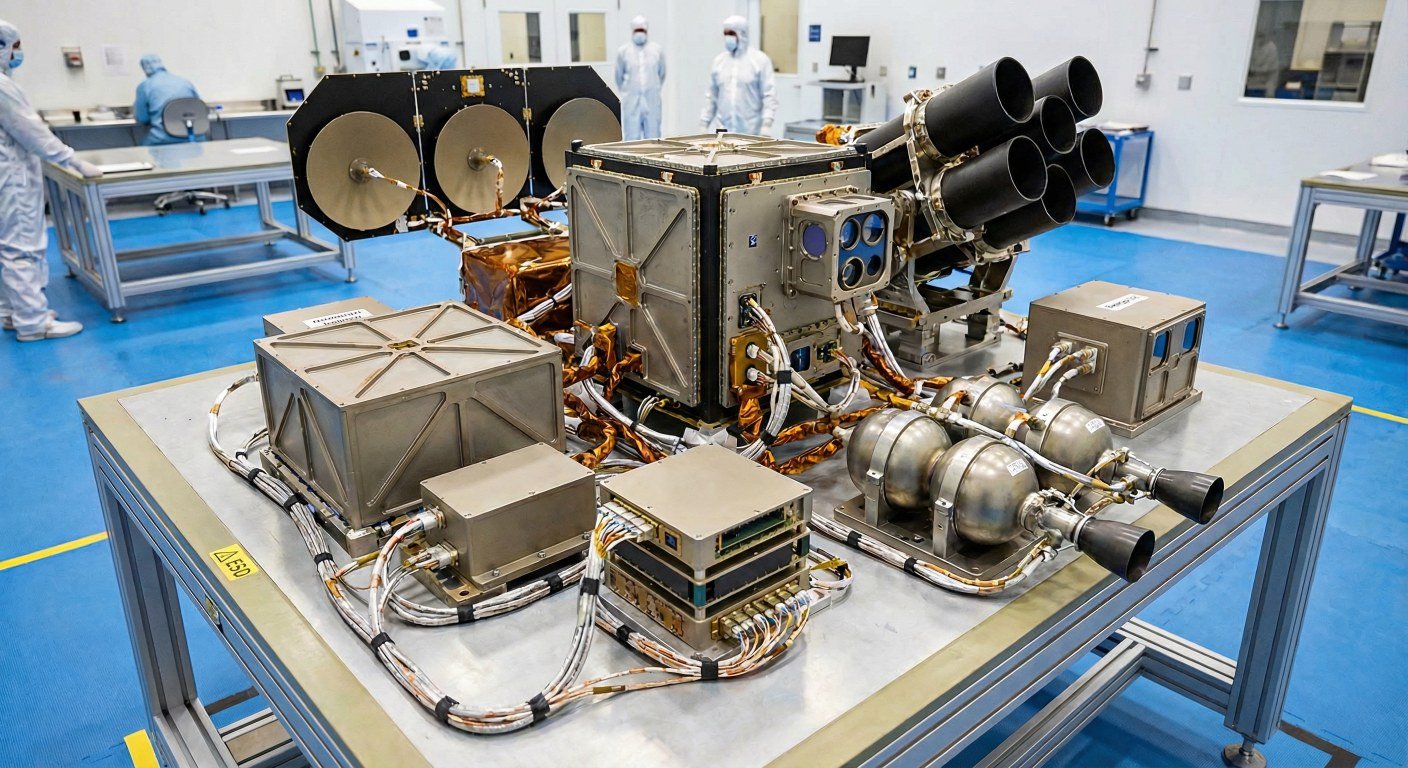 Satellite payload modules (dish antennas, thruster tubes, tanks, sensor) on a cleanroom bench with suited technicians