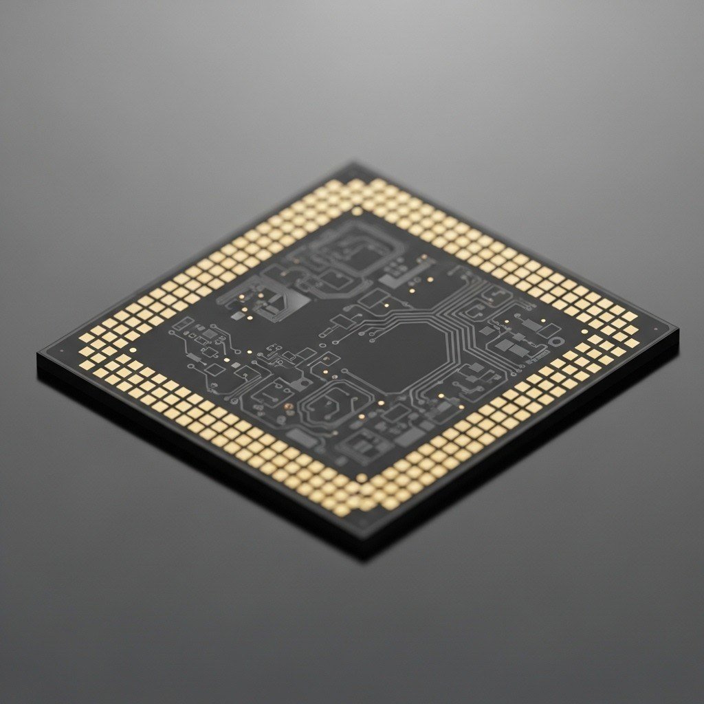 Bare BGA chip package with gold pads on a dark surface
