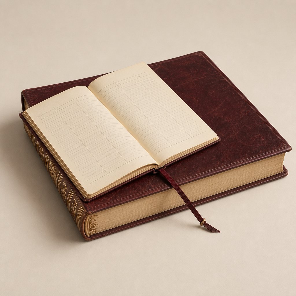 Open ruled ledger notebook on a leather-bound book with a ribbon