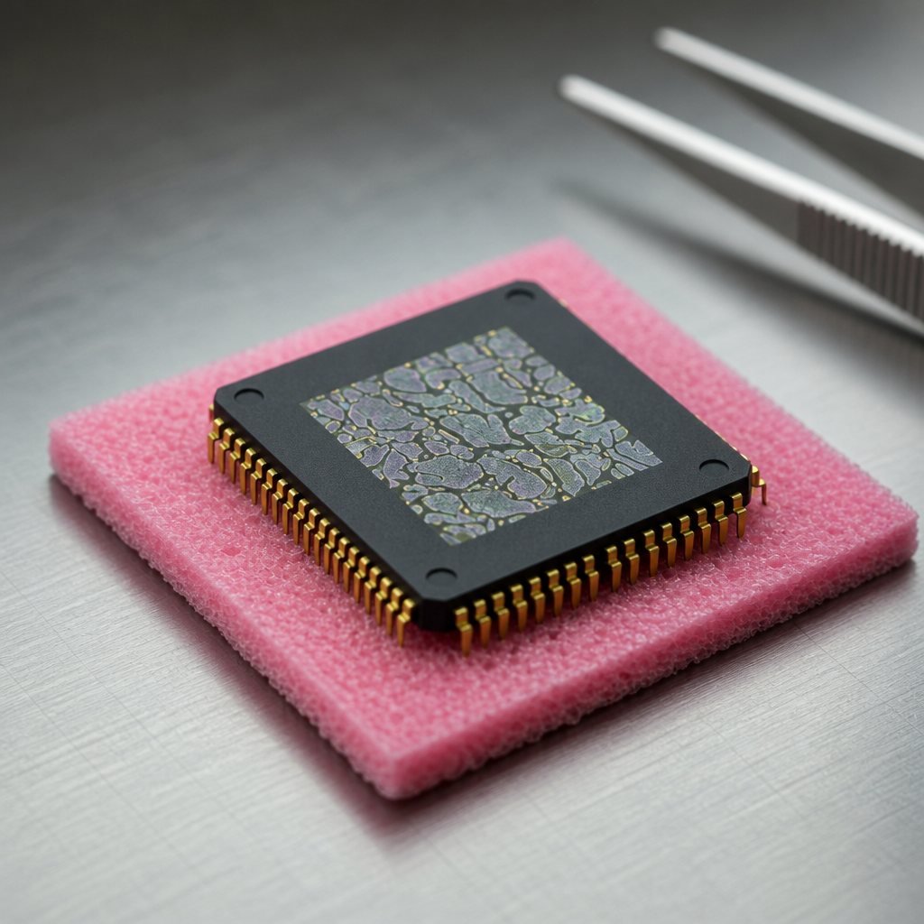 QFP chip with a crystalline die window on pink anti-static foam beside tweezers