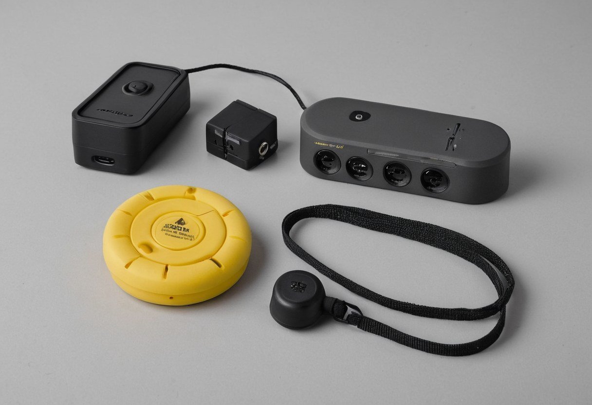 Set of pager devices: yellow puck, lanyard pendant button, black base units