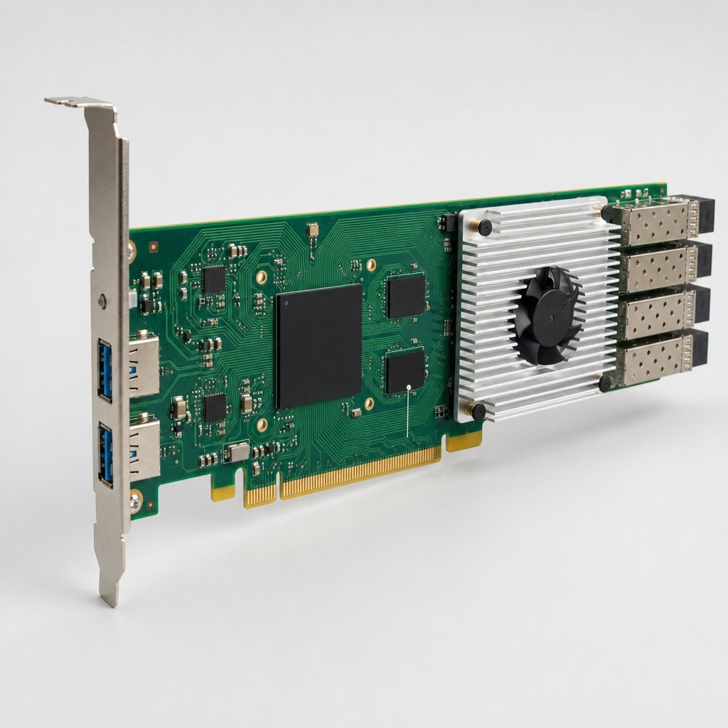 Green PCIe accelerator card with a heatsink and fan, four SFP optical cages and two USB ports, on white