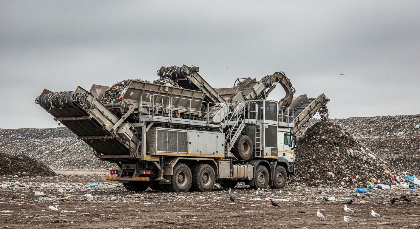 Truck-mounted mobile sorting plant on an open landfill with gulls