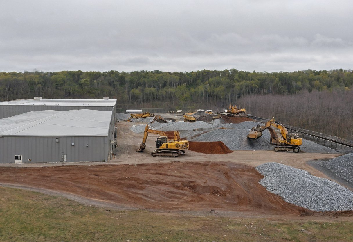 Landfill site with excavators, gravel piles and a metal facility building