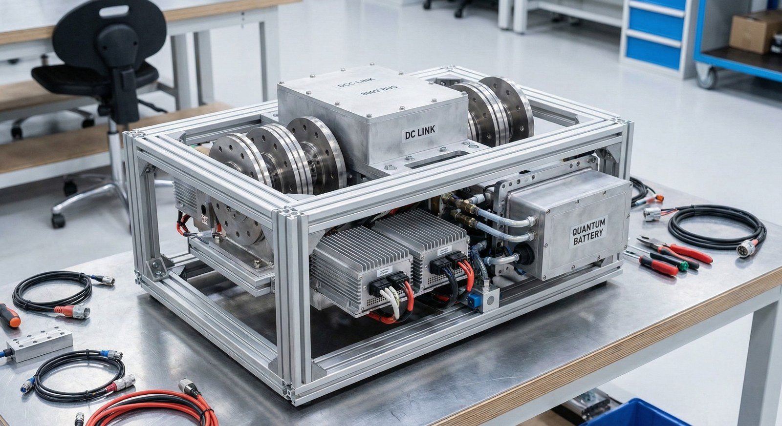 Bench test rig in an aluminium frame with motor discs, a 'DC LINK' box and a 'QUANTUM BATTERY' box